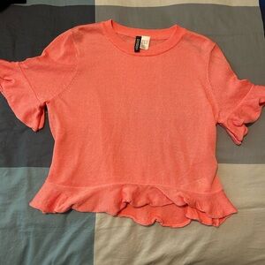 H&M Vibrant Coral Knit Ruffle Hem Top